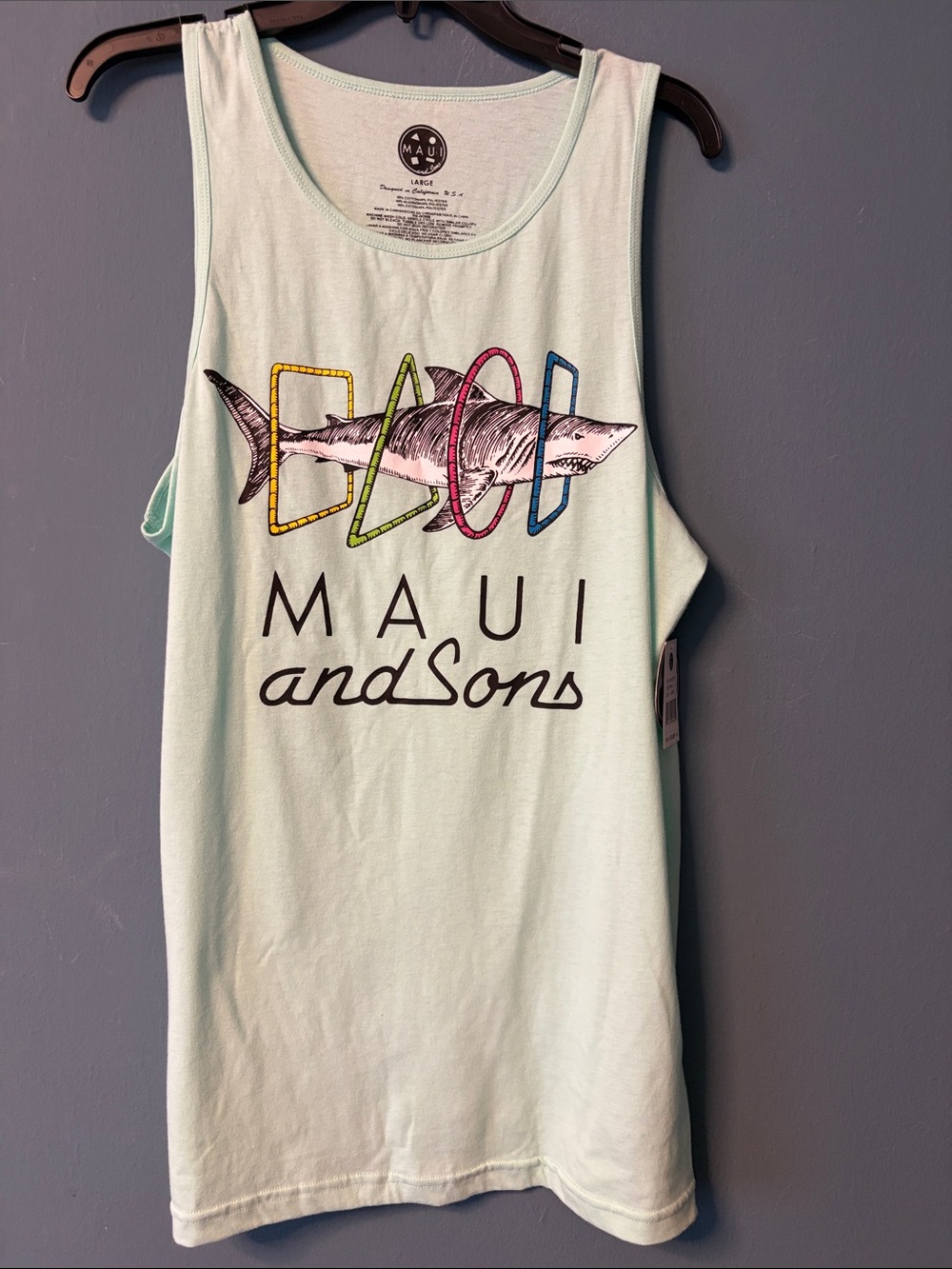 Maui and Sons Mint Tank with Multicolor Shark Hoop Graphic